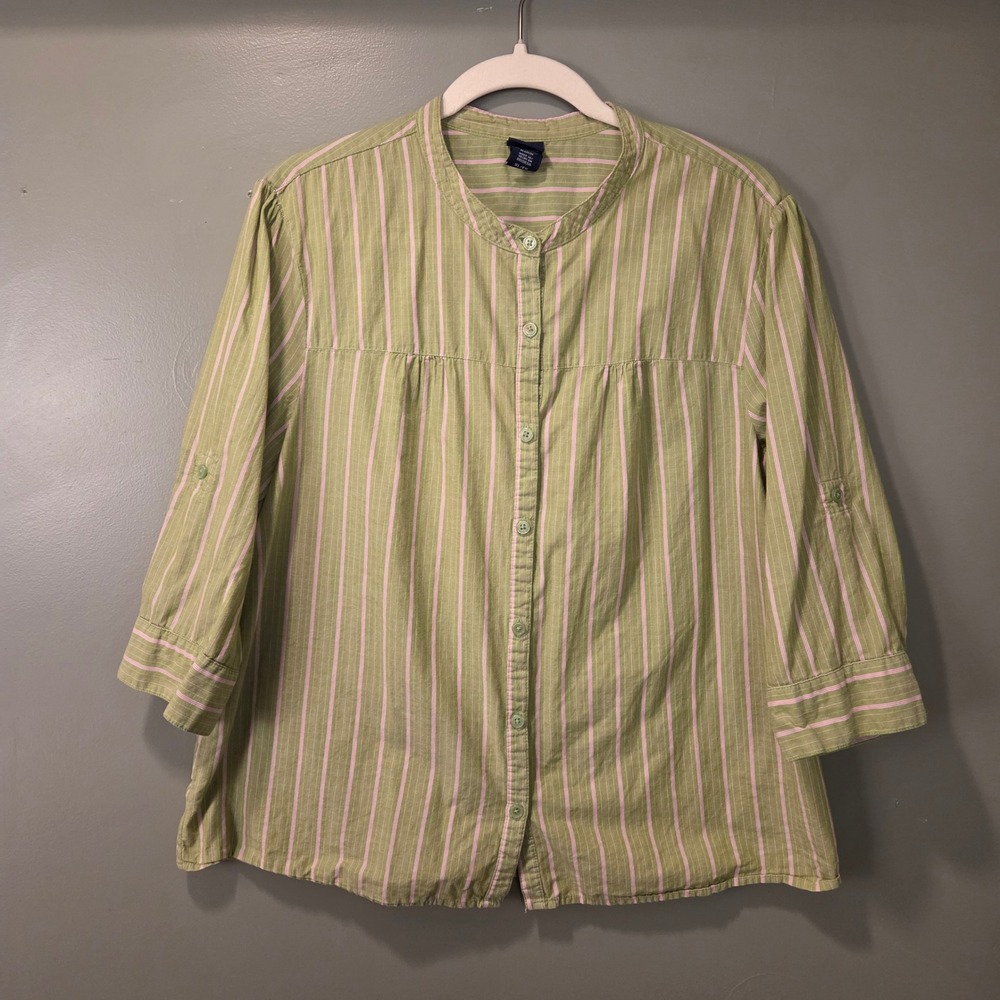 Basic Editions Women's 3/4 Sleeve 100% Cotton Striped Shirt Size XL Green